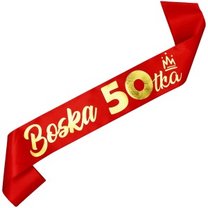 Boska 50-tka - czerwona szarfa ze złotym nadrukiem