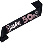 Boska 50-tka - czarna szarfa z różowozłotym nadrukiem