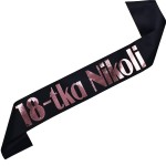 18-tka + imię - czarna szarfa z różowozłotym nadrukiem