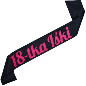 18-tka + imię - czarna szarfa z różowym nadrukiem