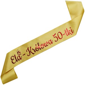 Królowa 50-tki z imieniem- złota szarfa z czerwonym nadrukiem 