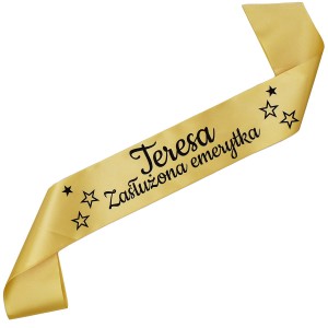 Szarfa Zasłużona Emerytka z imieniem – złota z czarnym nadrukiem