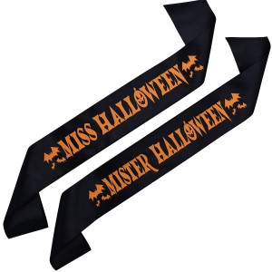 Zestaw czarnych szarf Miss i Mister Halloween - pomarańczowy nadruk