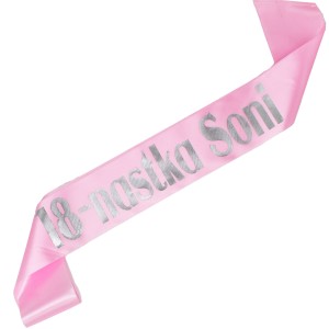 18-nastka + imię- jasnoróżowa szarfa ze srebrnym nadrukiem