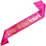 Królowa Seniorek + imię - różowa szarfa ze złotym nadrukiem