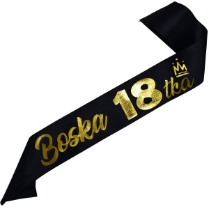 Boska 18tka - czarna szarfa ze złotym nadrukiem 