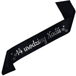 14 urodziny + imię - czarna szarfa ze srebrnym nadrukiem
