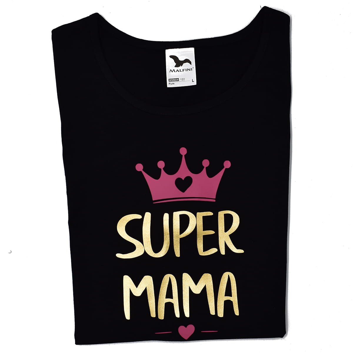 czarna koszulka super mama ze złotymi literami i koroną