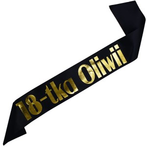 18-tka + imię - czarna szarfa ze złotym nadrukiem