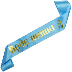 Będę Mamą :) - błękitna szarfa ze złotym nadrukiem