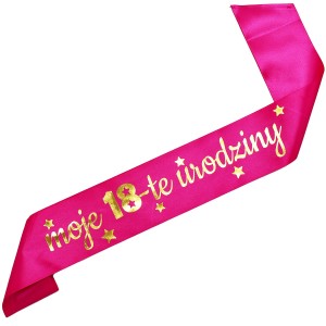 Moje 18-te urodziny - różowa szarfa ze złotym nadrukiem