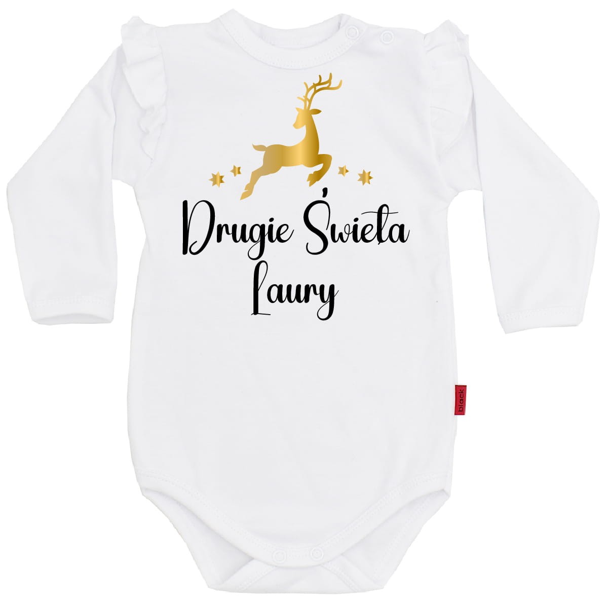 Drugie Święta z reniferkiem + imię - body dziecięce z falbanką