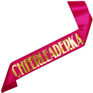Cheerleaderka - różowa szarfa ze złotym nadrukiem