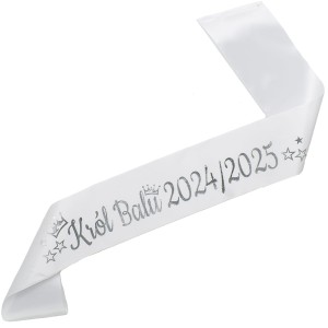 Król Balu 2024/2025 -biała szarfa ze srebrnym nadrukiem 
