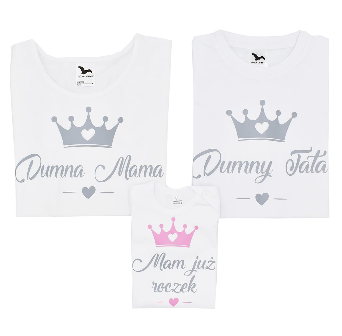 Zestaw koszulek dla mamy, taty i dziecka. Napisy Dumna Mama, Dumny Tata już Mam już roczek