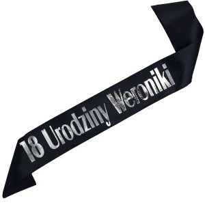 18 urodziny + imię - czarna szarfa ze srebrnym nadrukiem