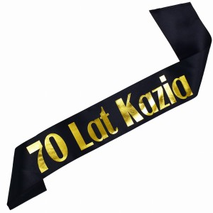 70 lat + imię - czarna szarfa ze złotym nadrukiem 