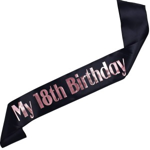 My 18th Birthday - czarna szarfa z różowo-złotym nadrukiem 