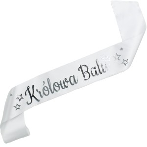 Królowa Balu - biała szarfa ze srebrnym nadrukiem