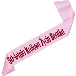 50-letnia królowa życia + imię - jasnoróżowa szarfa z fuksjowym nadrukiem