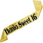 Sweet 16 + dowolne imię - złota szarfa z czarnym nadrukiem