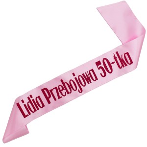 Przebojowa 50-tka + imię - jasnoróżowa szarfa z fuksjowym nadrukiem