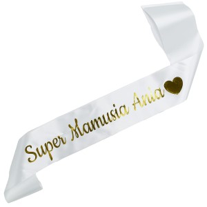 Super Mamusia + imię - biała szarfa ze złotym nadrukiem