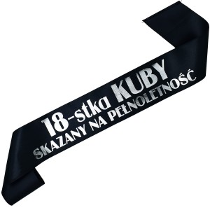 18-tka Skazany na pełnoletność + imię - czarna szarfa ze srebrnym nadrukiem
