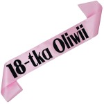 18-tka + imię - jasnoróżowa szarfa z czarnym nadrukiem