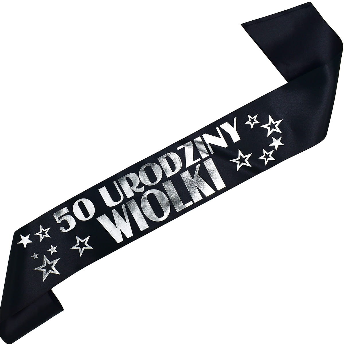50 urodziny z dowolnym imieniem - czarna szarfa ze srebrnym nadrukiem