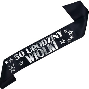 50 urodziny z dowolnym imieniem - czarna szarfa ze srebrnym nadrukiem