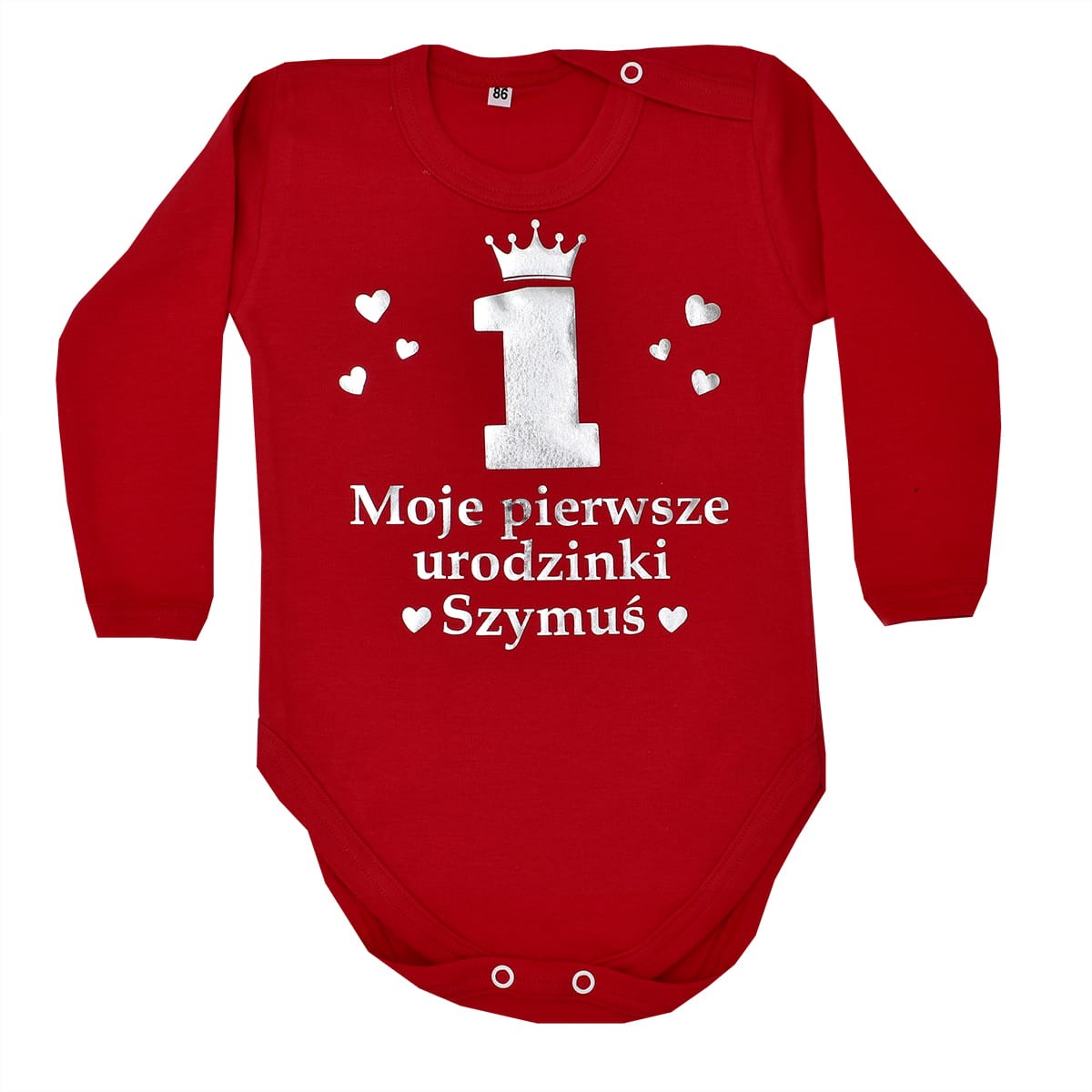 Czerwone body Moje pierwsze urodzinki z cyfrą 1 i dowolnym imieniem dziecka