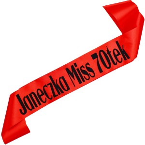Miss 70tek + imię -  czerwona szarfa z czarnym nadrukiem