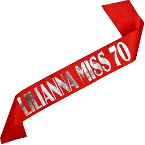 Miss 70 + imię -  czerwona szarfa ze srebrnym nadrukiem