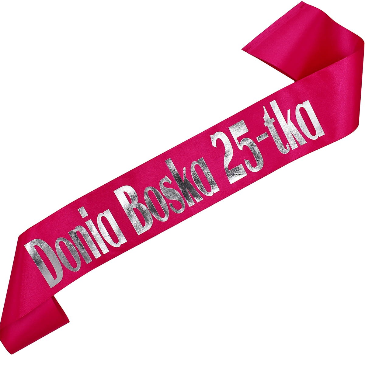 Boska 25-tka + imię - różowa szarfa ze srebrnym nadrukiem