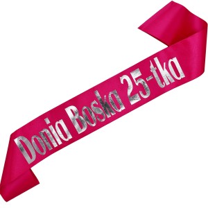 Boska 25-tka + imię - różowa szarfa ze srebrnym nadrukiem