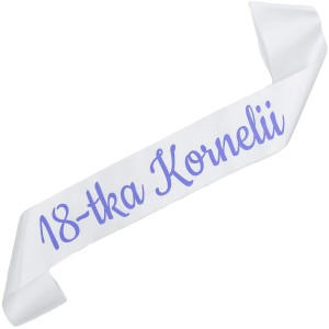 18-tka + imię - biała szarfa z fioletowym nadrukiem