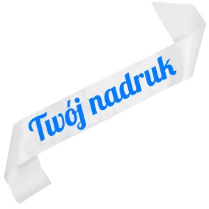 Szarfa biała  z Twoim nadrukiem w niebieskim kolorze