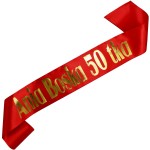 Boska 50 tka + imię - czerwona szarfa ze złotym nadrukiem