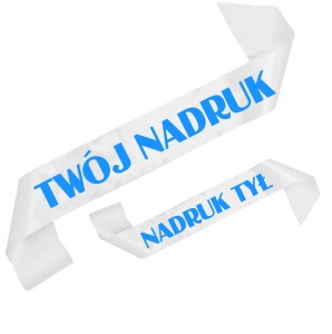 Szarfa biała z Twoim nadrukiem w kolorze niebieskim - przód + tył
