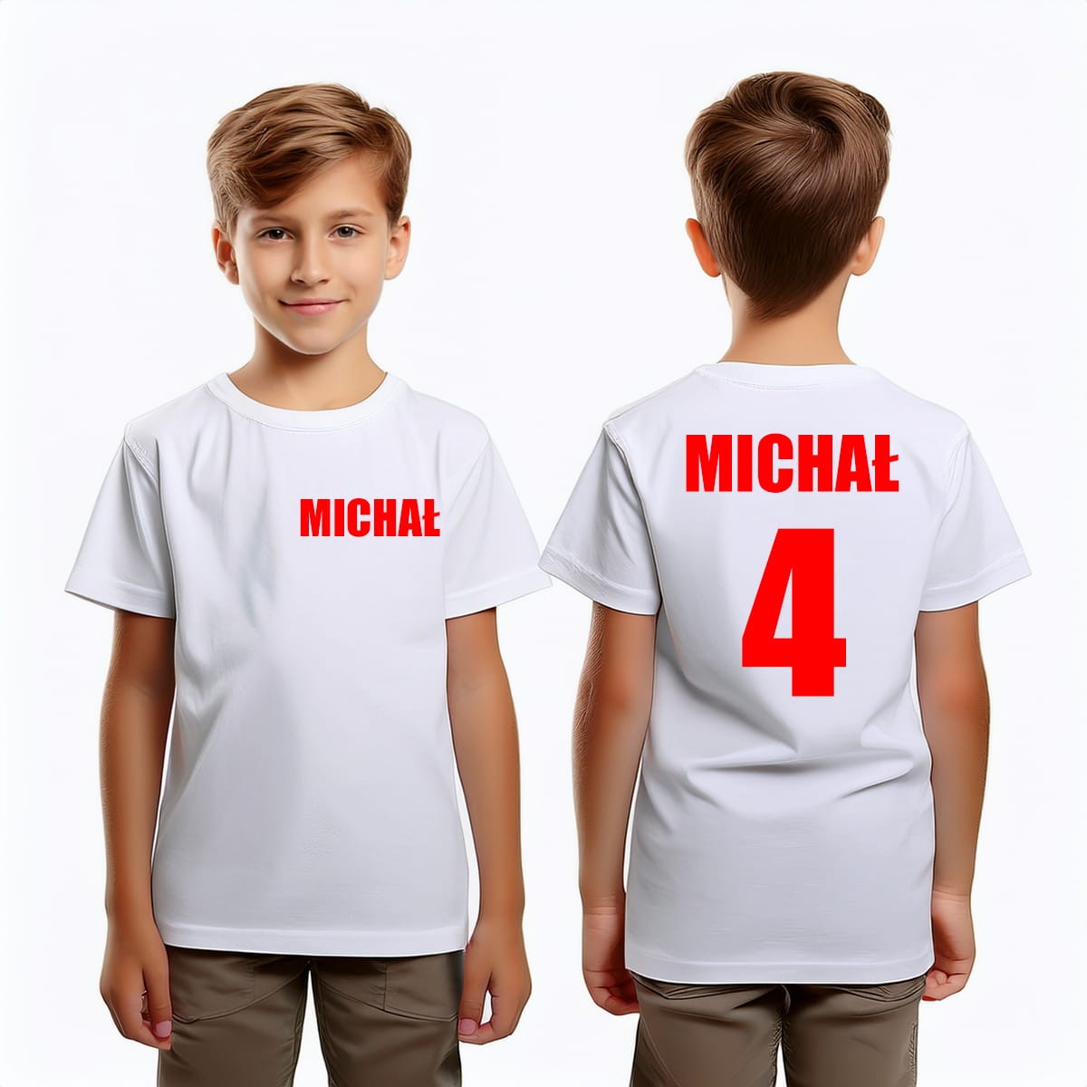 Koszulka z imieniem dziecka i cyfrą od 0 do 9 - biała