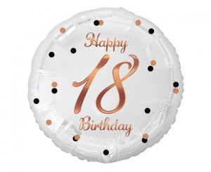 Balon foliowy 18 Birthday, biały, średnica 45cm