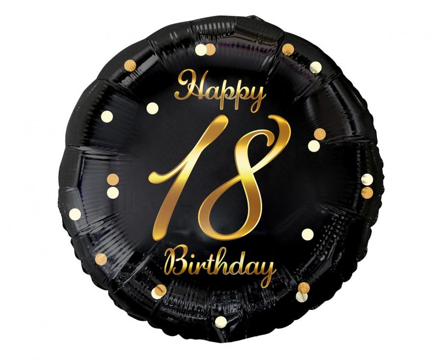 Balon foliowy 18 Birthday, czarny ze złotym nadrukiem, 45cm