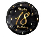 Balon foliowy 18 Birthday, czarny ze złotym nadrukiem, 45cm