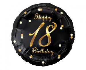 Balon foliowy 18 Birthday, czarny ze złotym nadrukiem, 45cm