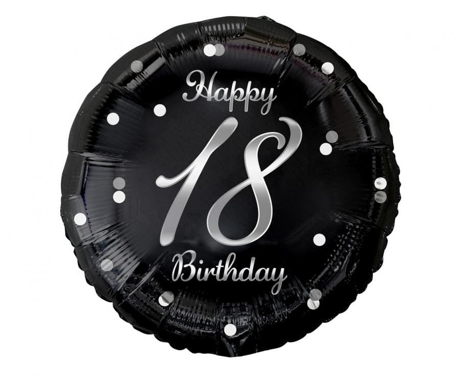 Balon foliowy 18 Birthday, czarny ze srebrnym nadrukiem, 45cm
