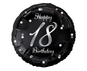 Balon foliowy 18 Birthday, czarny ze srebrnym nadrukiem, 45cm