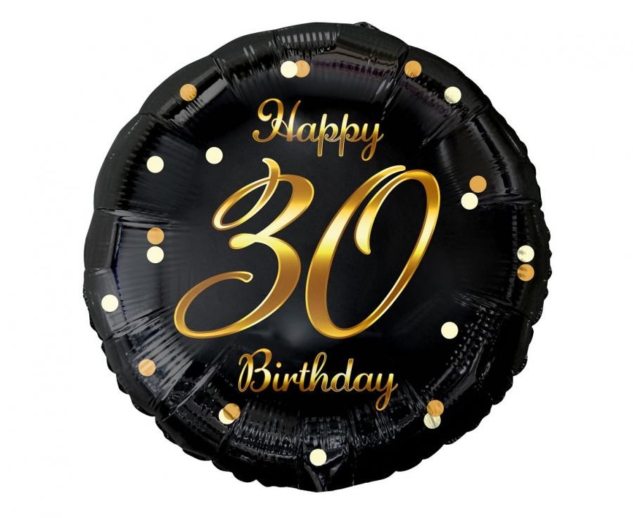 Balon foliowy 30 Birthday, czarny ze złotym nadrukiem, 45cm