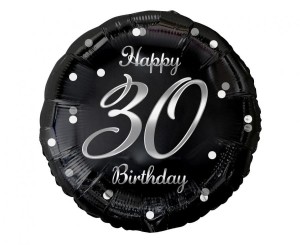 Balon foliowy 30 Birthday, czarny ze srebrnym nadrukiem, 45cm