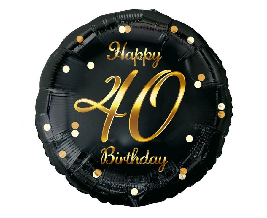 Balon foliowy 40 Birthday, czarny ze złotym nadrukiem, 45cm